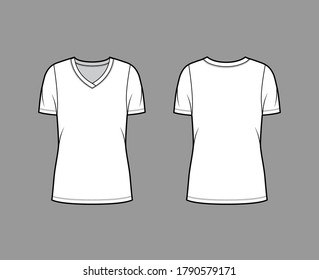 V-neck jersey t-shirt technical fashion illustration with short sleeves, oversized body tunic length. Flat sweater apparel template front back white color. Women men unisex outwear top CAD mockup