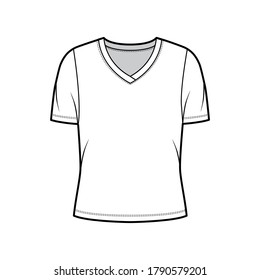 V-neck jersey t-shirt technical fashion illustration with short rib sleeves, oversized body. Flat sweater apparel template front, white color. Women, men unisex outwear top CAD mockup