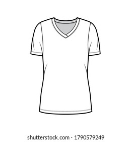 V-neck jersey t-shirt technical fashion illustration with short sleeves, oversized body tunic length. Flat sweater apparel template front white color. Women men unisex outwear top CAD mockup