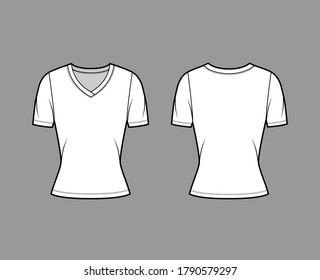 V-neck jersey t-shirt technical fashion illustration with short sleeves, close-fitting shape. Flat sweater apparel template front, back white color. Women, men, unisex outwear top CAD mockup