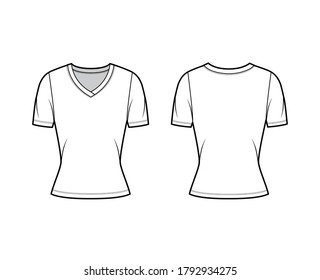 V-neck jersey t-shirt technical fashion illustration with short sleeves, close-fitting shape. Flat sweater apparel template front, back white color. Women, men, unisex outwear top CAD mockup