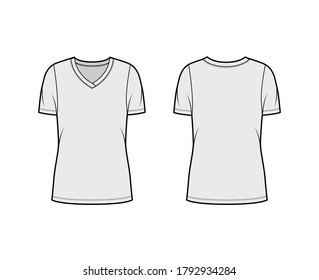 V-neck jersey t-shirt technical fashion illustration with short sleeves, oversized body tunic length. Flat sweater apparel template front back grey color. Women men unisex outwear top CAD mockup