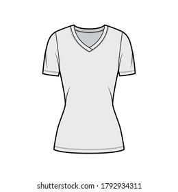 V-neck jersey t-shirt technical fashion illustration with short sleeves, tunic length. Flat sweater apparel template front, grey color. Women, men, unisex outwear top CAD mockup