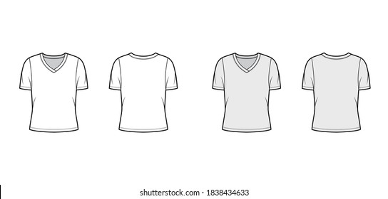 V-neck jersey t-shirt technical fashion illustration with short rib sleeves, oversized body. Flat sweater apparel template front, back white grey color. Women, men unisex outwear top CAD mockup