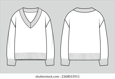 V-Neck jumper. Women's oversized knit sweater. Vector technical sketch. Mockup template.