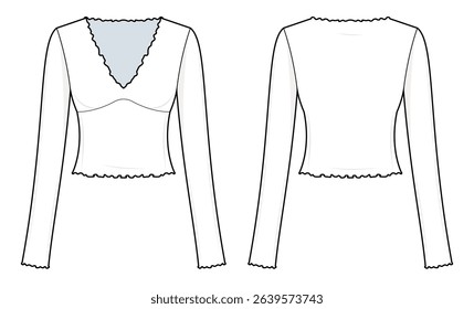 V-Neck Lettuce Trim Long Sleeve Top Technical Fashion Illustration. Fitted Women’s Top Vector Template. Stretch Knit Fabric. Feminine Aesthetic. Front and Back View. CAD Mockup Set.