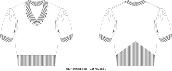 V-Neck Short Sleeve Flat Sketch Drawing