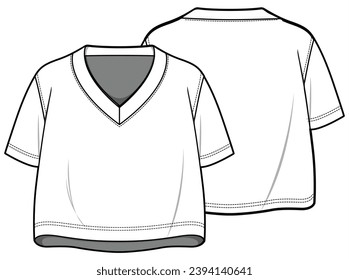 V-Neck Short Sleeve Oversized Crop Tee T-Shirt Top Front and Back View. Fashion Flat Sketch Vector Illustration, CAD, Technical Drawing, Flat Drawing, Template, Mockup.