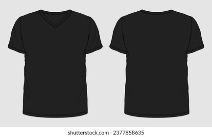 V-neck short sleeve t shirt technical drawing fashion flat sketch vector illustration black color template front and back views 