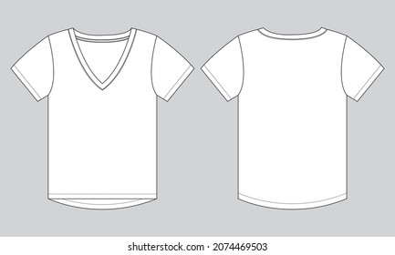 V-neck short sleeve t-shirt Technical sketch vector template for women. Front and back view.
