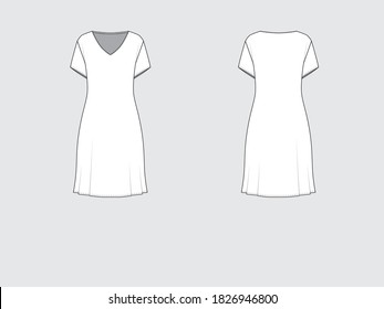 v-neck and short sleeves skater dress, front and back, drawing flat sketches with vector illustration by sweettears