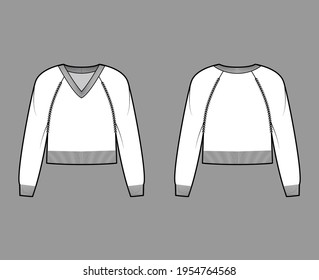 V-neck Sweater cropped technical fashion illustration with long raglan sleeves, relax fit, waist length, knit rib trim. Flat jumper apparel front, back, white color style. Women, men unisex CAD mockup