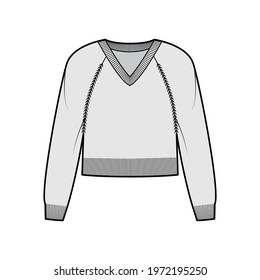 V-neck Sweater cropped technical fashion illustration with long raglan sleeves, relax fit, waist length, knit rib trim. Flat jumper apparel front, grey color style. Women, men unisex CAD mockup