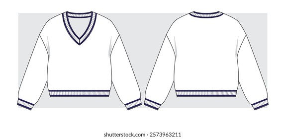 V-neck sweater with dropped shoulder and stripes on rib in marine style. Technical sketch. Vector illustration.