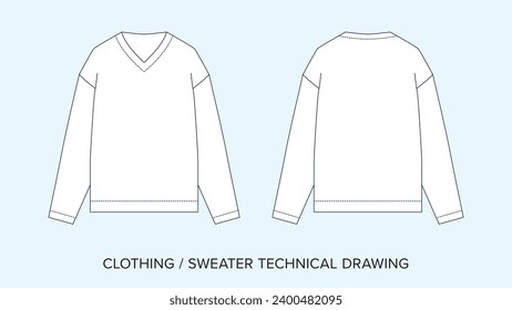 V-Neck Sweater Technical Drawing, Apparel Blueprint for Fashion Designers. Detailed Editable Vector Illustration, Black and White Clothing Schematics, Isolated Background