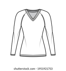 V-neck Sweater technical fashion illustration with long raglan sleeves, slim fit, thigh length, knit rib trim. Flat jumper apparel front, white color style. Women, men unisex CAD mockup