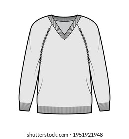 V-neck Sweater technical fashion illustration with long raglan sleeves, oversized, hip length, knit rib trim. Flat jumper garment apparel front, grey color style. Women, men unisex CAD mockup