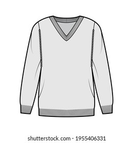 V-neck Sweater technical fashion illustration with long sleeves, oversized, hip length, knit rib trim. Flat jumper garment apparel front, grey color style. Women, men unisex CAD mockup