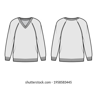 V-neck Sweater technical fashion illustration with long raglan sleeves, oversized, hip length, knit rib trim. Flat jumper garment apparel front, back, grey color style. Women, men unisex CAD mockup