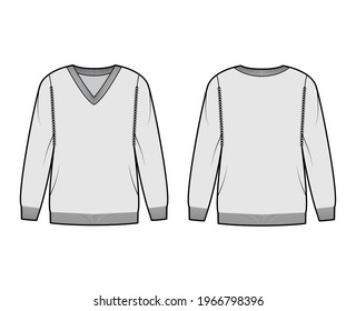 V-neck Sweater technical fashion illustration with long sleeves, oversized, hip length, knit rib trim. Flat jumper garment apparel front, back, grey color style. Women, men unisex CAD mockup