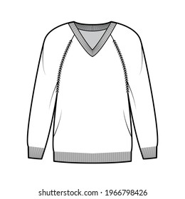 V-neck Sweater technical fashion illustration with long raglan sleeves, oversized, hip length, knit rib trim. Flat jumper garment apparel front, white color style. Women, men unisex CAD mockup