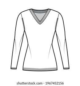 V-neck Sweater technical fashion illustration with long sleeves, slim fit, thigh length, knit rib trim. Flat jumper apparel front, white color style. Women, men unisex CAD mockup