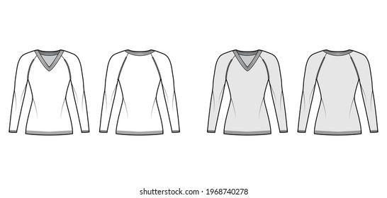 V-neck Sweater technical fashion illustration with long raglan sleeves, slim fit, thigh length, knit rib trim. Flat jumper apparel front, back, white grey color style. Women, men unisex CAD mockup