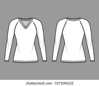 V-neck Sweater technical fashion illustration with long raglan sleeves, slim fit, thigh length, knit rib trim. Flat jumper apparel front, back, white color style. Women, men unisex CAD mockup