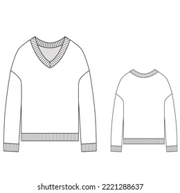 V-neck sweater vector illustration isolated, front and back view. Technical drawing for fashion designers