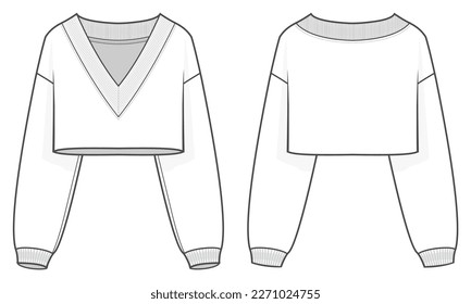 V-Nacken-Pullover. Frauenklatscherin V-Neck beschnitt Pullover. Sweater technische Modegrafik. Flaches Bekleidungspult, Vorder- und Rückseite, weiße Farbe. Das CAD-Modell für Frauen.