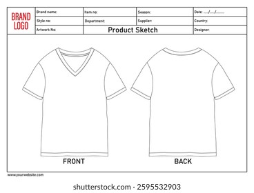 V-neck T shirt technical drawing template with tech pack details
