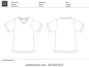 V-neck t shirt technical drawing fashion flat sketch vector illustration template for ladies and baby girls