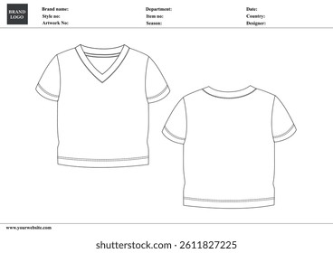 V-neck t shirt technical drawing fashion flat sketch vector illustration template for ladies and baby girls