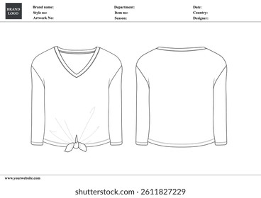 V-neck t shirt technical drawing fashion flat sketch vector illustration template for ladies and baby girls
