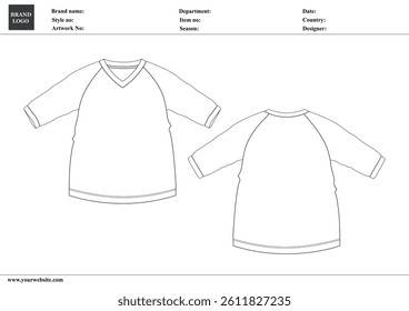 V-neck t shirt technical drawing fashion flat sketch vector illustration template for ladies and baby girls