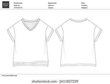 V-neck t shirt technical drawing fashion flat sketch vector illustration template for ladies and baby girls