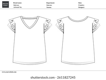 V-neck t shirt technical drawing fashion flat sketch vector illustration template for ladies and baby girls
