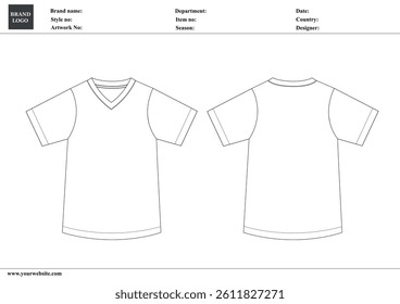 V-neck t shirt technical drawing fashion flat sketch vector illustration template for ladies and baby girls