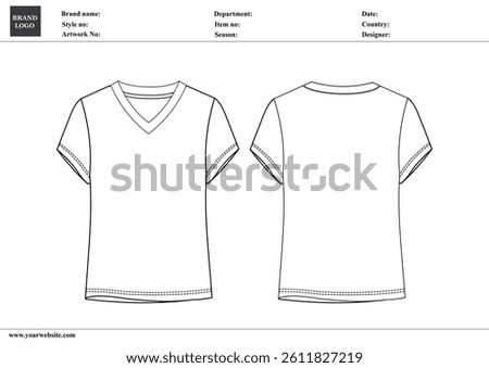 V-neck t shirt technical drawing fashion flat sketch vector illustration template for ladies and baby girls