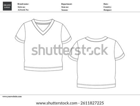 V-neck t shirt technical drawing fashion flat sketch vector illustration template for ladies and baby girls