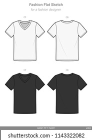 V-neck Tee shirt FASHION FLAT SKETCHES technical drawings Illustrator vector template