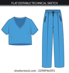 V-neck top and bottom set blu flat sketch editable technical sketch vector file.