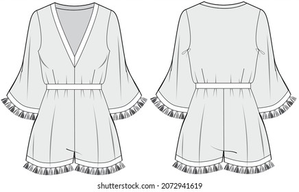 V-neck Trumpet Sleeve Playsuit With Tassel Embellishments Detail Front and Back View. fashion illustration vector, CAD, technical drawing, flat drawing.