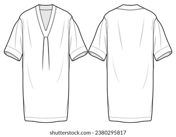 V-Neck T-shirt Dress  Front and Back View. Fashion Flat Sketch Vector Illustration, CAD, Technical Drawing, Flat Drawing, Template, Mockup