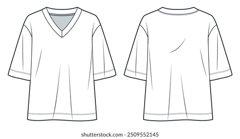 V-Neck T-Shirt fashion flat tehnical drawing template. Half Sleeve T-Shirt technical fashion illustration, oversize, front and back view, white, women, men, unisex Top CAD mockup.