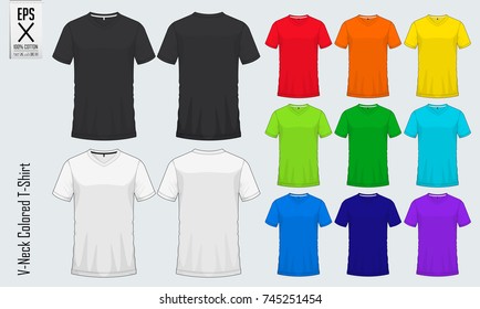 V-neck t-shirts templates. Set of colored shirt mockup in front view and back view. Vector illustration.