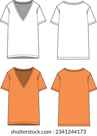 
V-neck women's t-shirt blank template and color drawing, editable basic t-shirt drawing