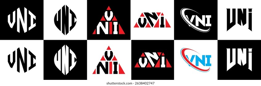 VNI letter logo design in six style. VNI polygon, circle, triangle, hexagon, flat and simple style with black and white color variation letter logo set in one artboard. VNI minimalist and classic logo