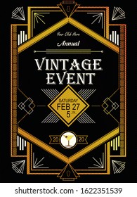 Vntage event luxury art deco party invitation design template with gold geometric ornament on a red and black background. Vintage invitation template design for drink list, bar menu, your event.
