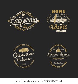 Vntage Hand Drawn Surfing Graphics and Emblems for web design or print. Surfer logotypes. Surf Logo. Stock Vector hipster patches isolated on white.